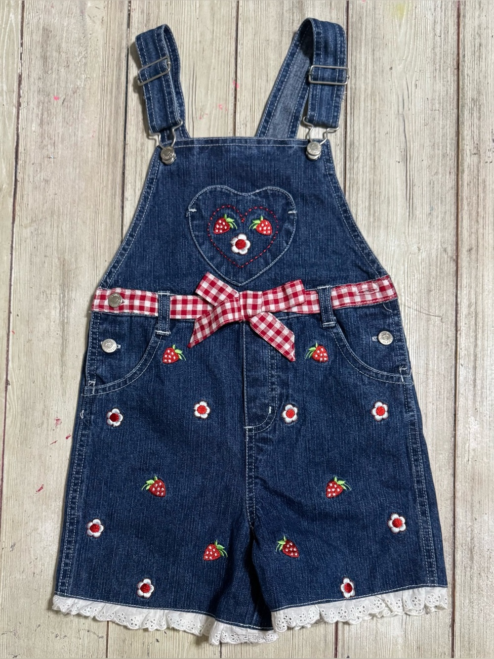 NWOT Y2K Vintage Young Hearts Strawberry red gingham shortalls overalls Girls 6